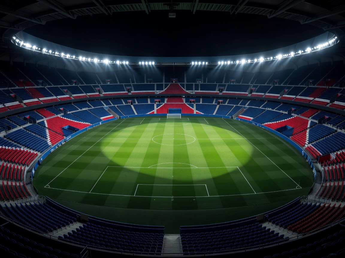 Interior view of Parc des Princes stadium showing the tiered stands and pitch under floodlights
