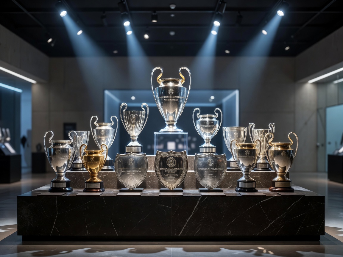 Paris Saint-Germain commemorative display highlighting the historic European and domestic trophies