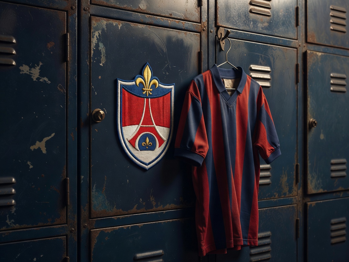 Paris Saint-Germain iconic historic emblem and retro jersey displayed on vintage locker wall