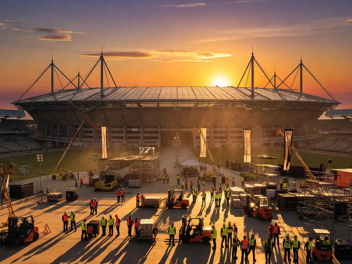 Stade de France arena in Saint-Denis viewed at sunset during international sporting preparations