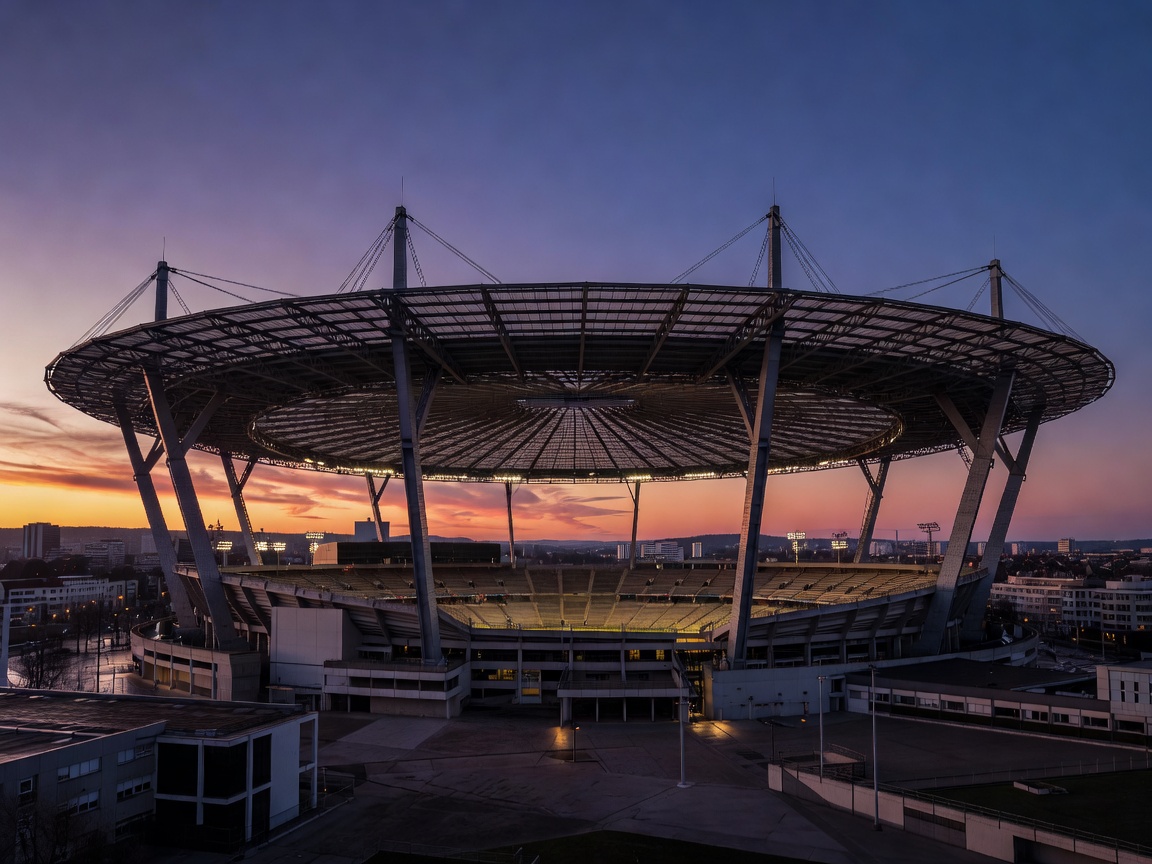 Stade de France colossal disk-shaped roof over Saint-Denis skyline during twilight