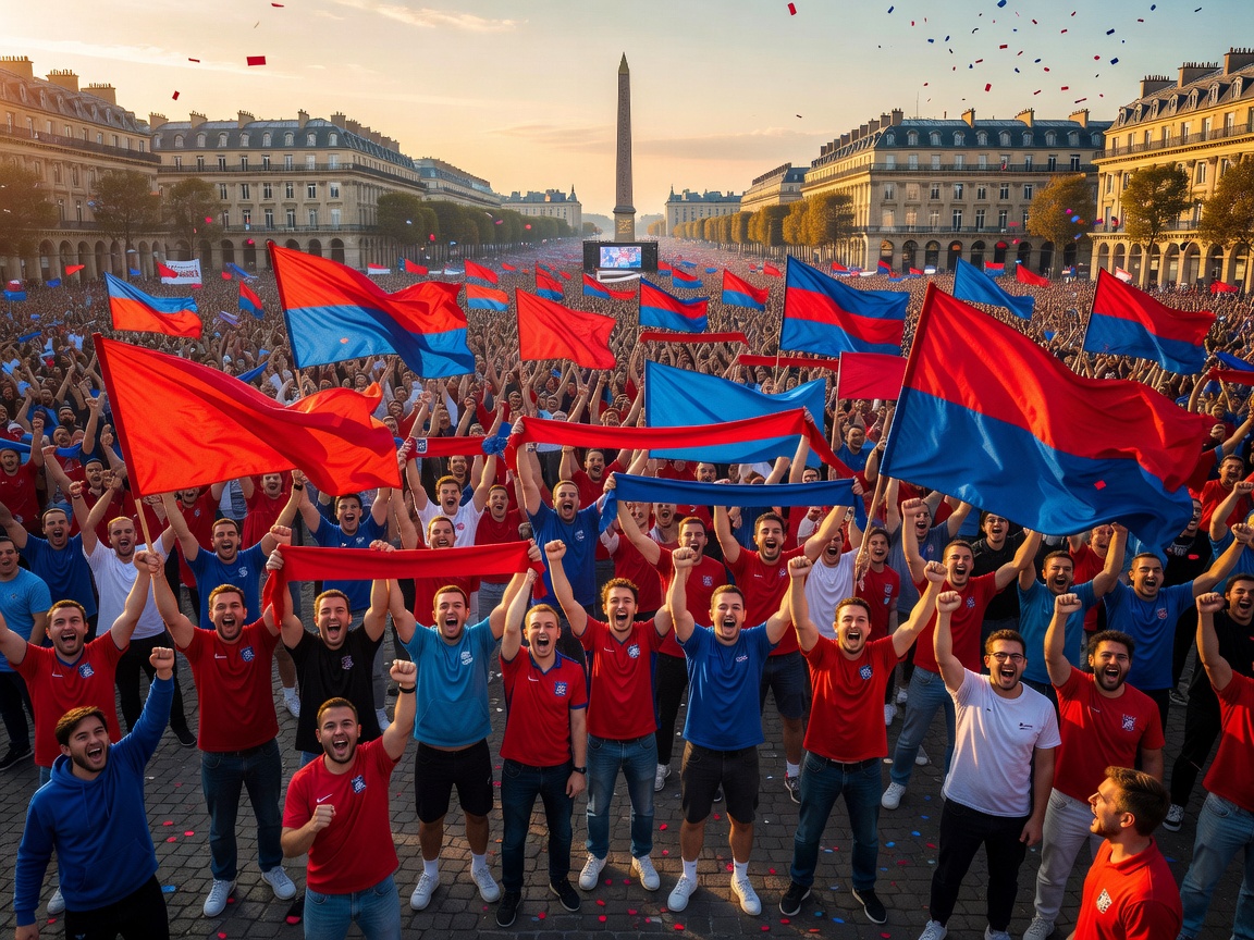 Supporters gathered with vibrant red and blue banners celebrating football passion in Paris