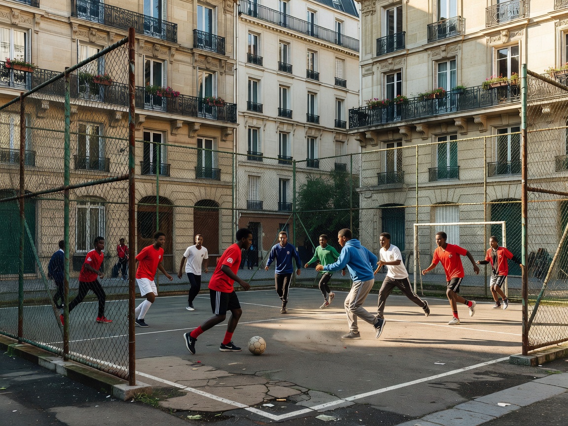 Urban street football cage surrounded by Parisian apartment blocks with youths playing small-sided games