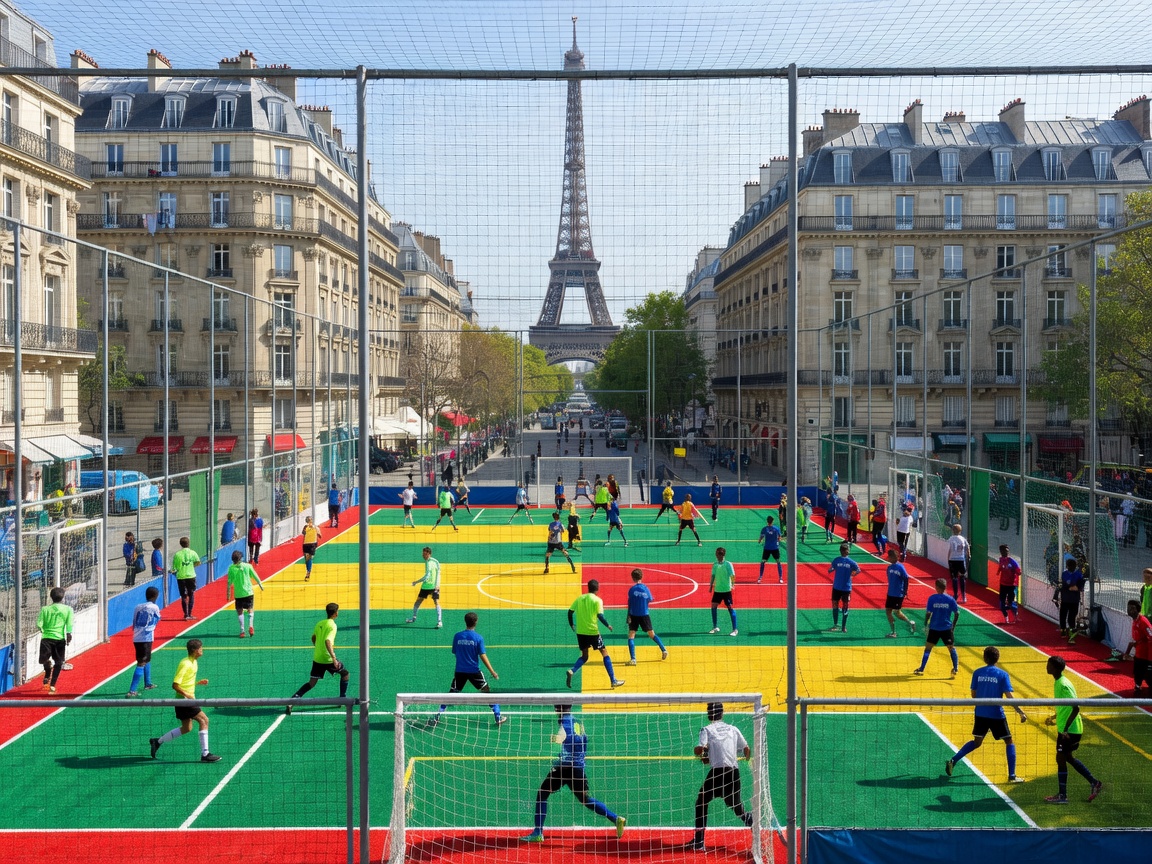 Vibrant public caged football pitch in Paris filled with active players against city architecture